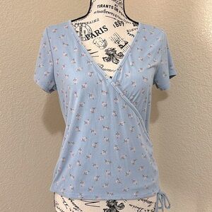 Love Wins Vintage Blue Floral Print Wrap Style Top